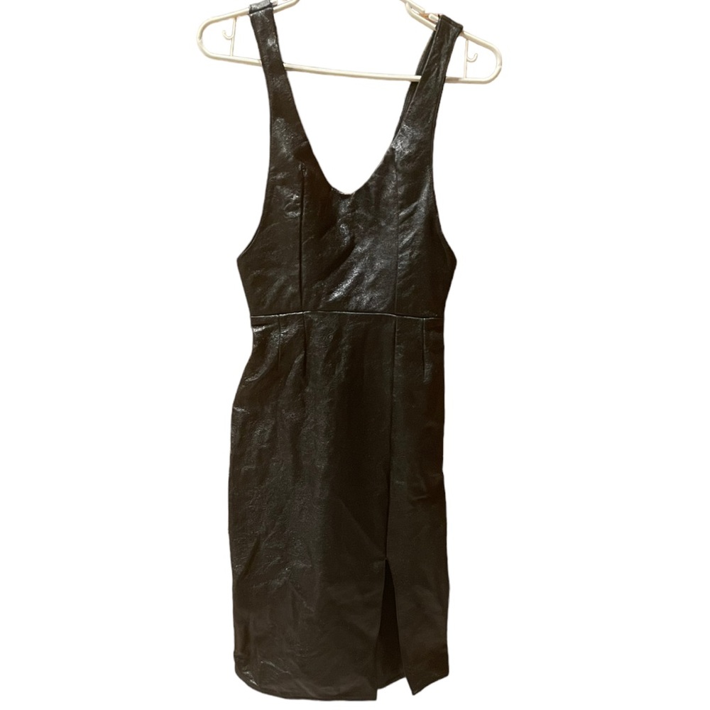 Black Genuine Leather Bodycon Midi Dress - Picture 2 of 11